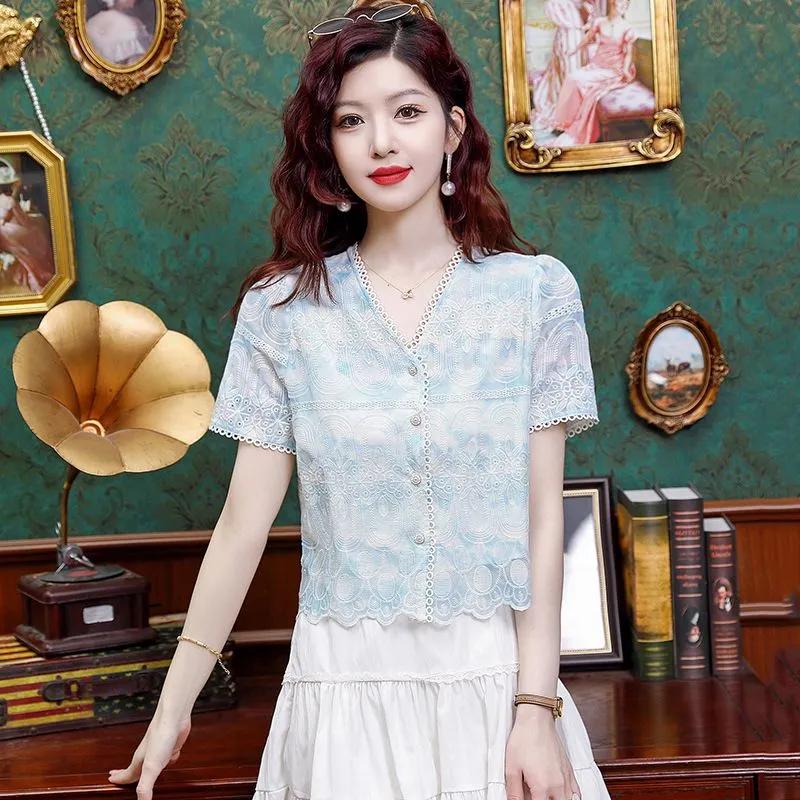 Women s Yellow Lace Blouse V-Neck Short Sleeve Button Front Ruffle Hem Slim Fit Casual Top S синий