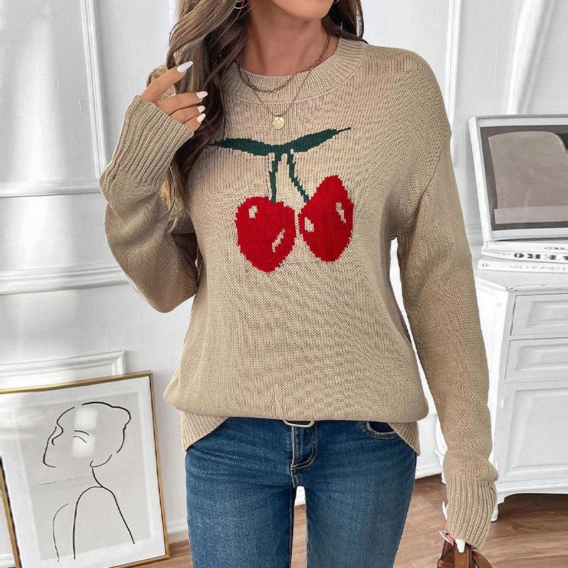 Hundred Percent Clothing - 2025 Sweet Style Loose Knit Sweater with Cherry Jacquard for Women