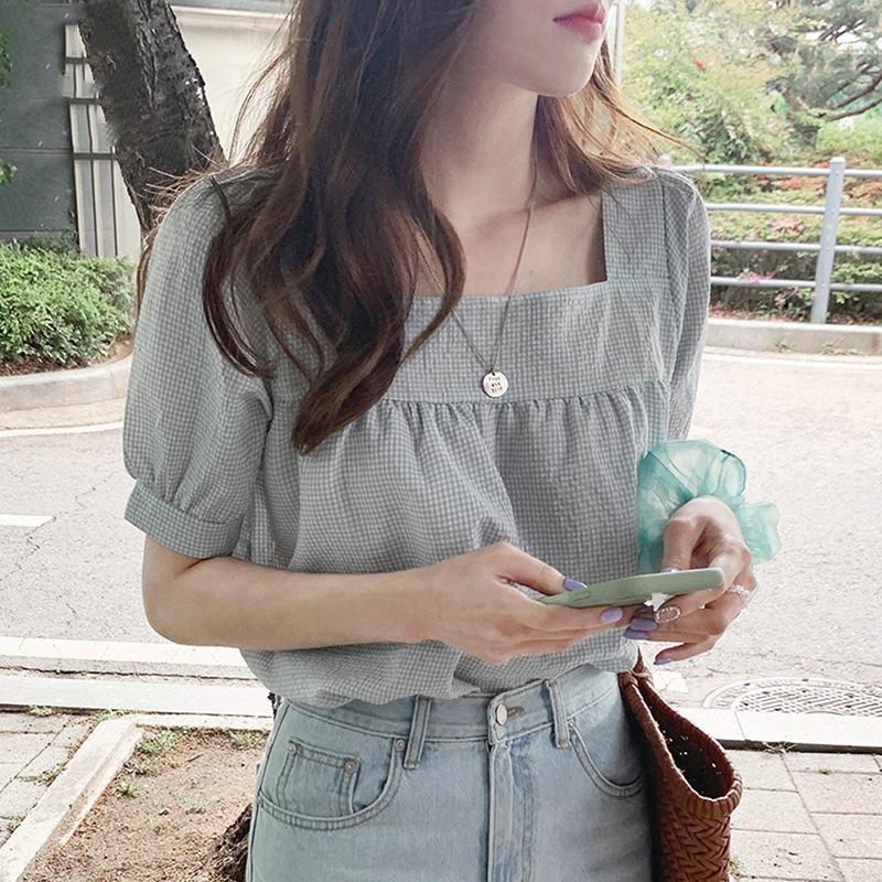 Damen Quadratischer Ausschnitt Puffärmel Kurzarm Bluse Normale Passform Kleines Karomuster Vichy Pullover Hemd Koreanisch Süß Frisch Sommer Lässig Oberteil