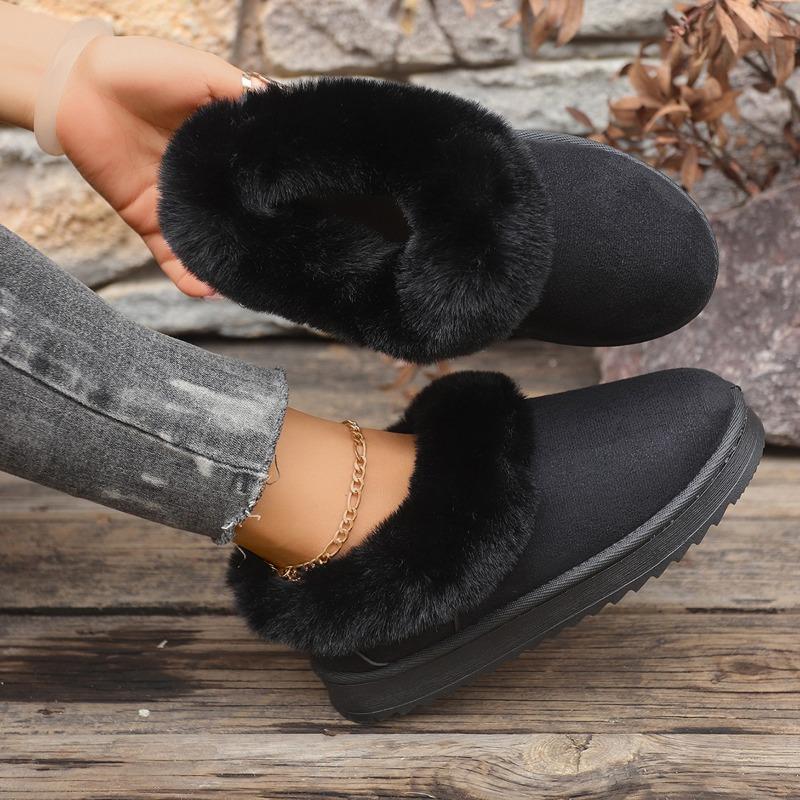 Large size winter new hair mouth round head one pedal thick bottom piled thickened warm snow boots women