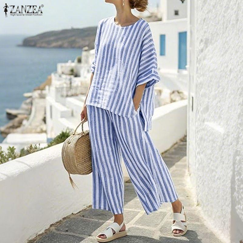 ZANZEA Women 3/4 Sleeve Blouse and Pants Summer Stripe Two Piece Suit Sets