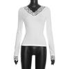 Frühling Herbst Langarm V-Ausschnitt Spitze Patchwork Damen Bluse Mode Slim Fit Hemden Damen Lässige Büro Oberteile Einfarbig Elegante Kleidung