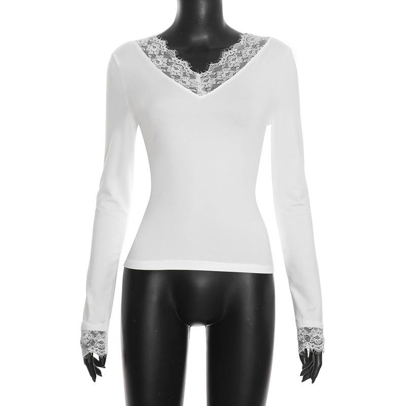 Frühling Herbst Langarm V-Ausschnitt Spitze Patchwork Damen Bluse Mode Slim Fit Hemden Damen Lässige Büro Oberteile Einfarbig Elegante Kleidung
