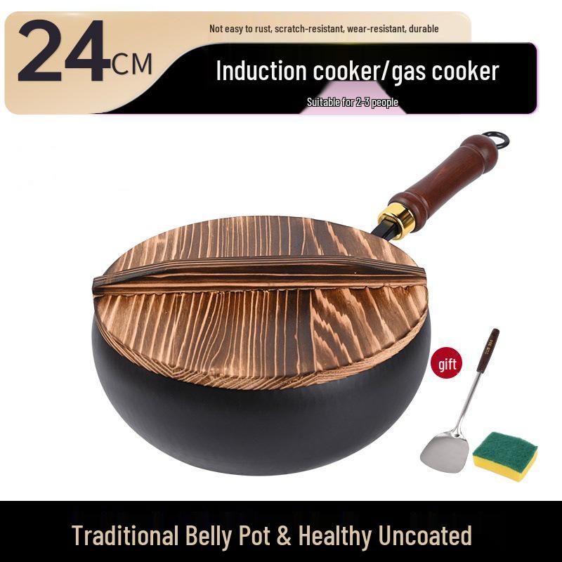 Zhangqiu Handgefertigter Antihaft-Eisen-Wok: 24CM Wok mit großem Bauch zum Pfannenrühren, für Gerichte, zum Schmoren & für Suppe.