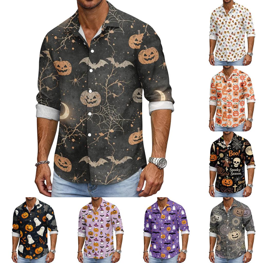 Men's Casual Long Sleeve Shirt with Halloween Print Relaxed Fit Button Down Top for Everyday and Festive Occasions