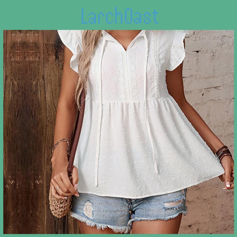 Solid Summer Shirt Women Ruffled V Neck Blouse Tops