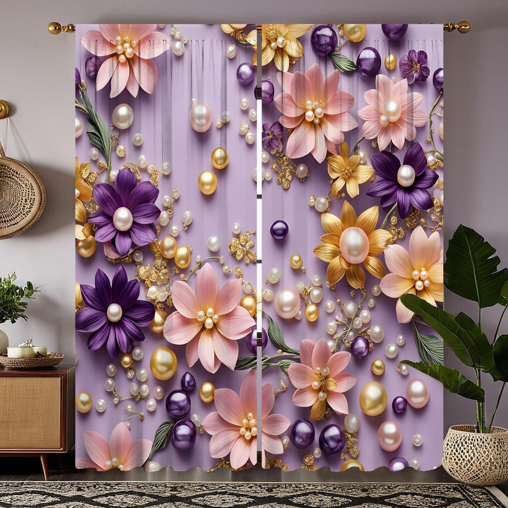2pcs HD Stereo Pearl Flower Decoration Curtain Pink Tie Digital Printed Curtain Home Decoration Style Decoration Living Room