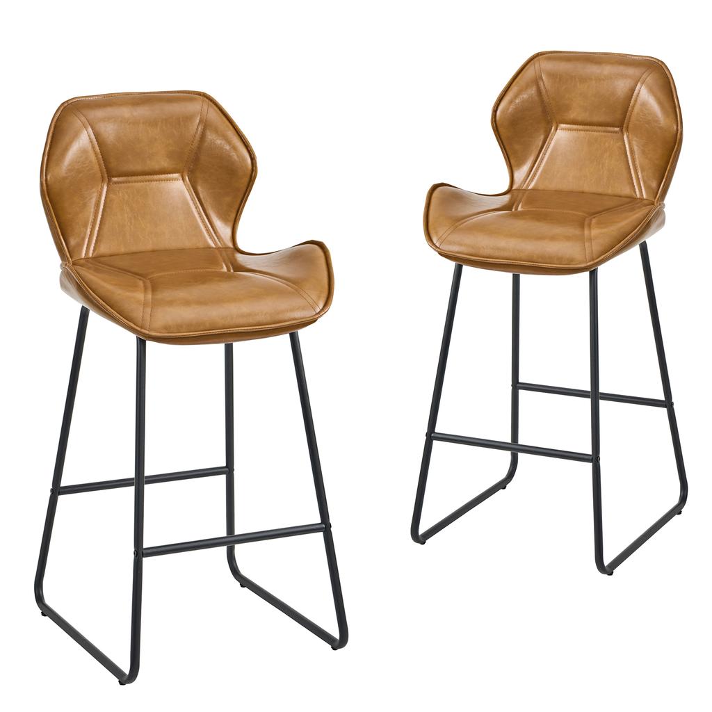 Set of 2 Bar Stools of Faux Leather, Bar Chairs with Backrest, Metal Frame and Footrest, for Kitchen, Counter, Home Bar and Dining Area,Cognac Brown