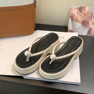 Fashion Women's Fashion Platform Slippers Summer New Round Head Toe Pearl Soft Sole Anti-slip Wear-resistant Flip-flops