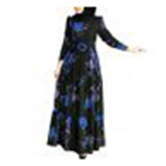 Women Long Sleeve Muslim Abaya Dress Ethnic Floral Print Belt Maxi Kaftan