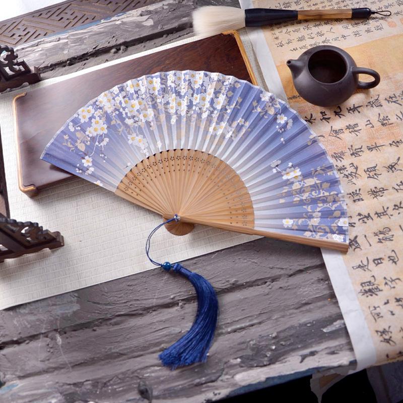 Ancient Chinese Style Small Dance Fan Summer Portable Hanfu Cheongsam Hand Held Fan Green Bamboo Ribs Single-Sided Folding Fan