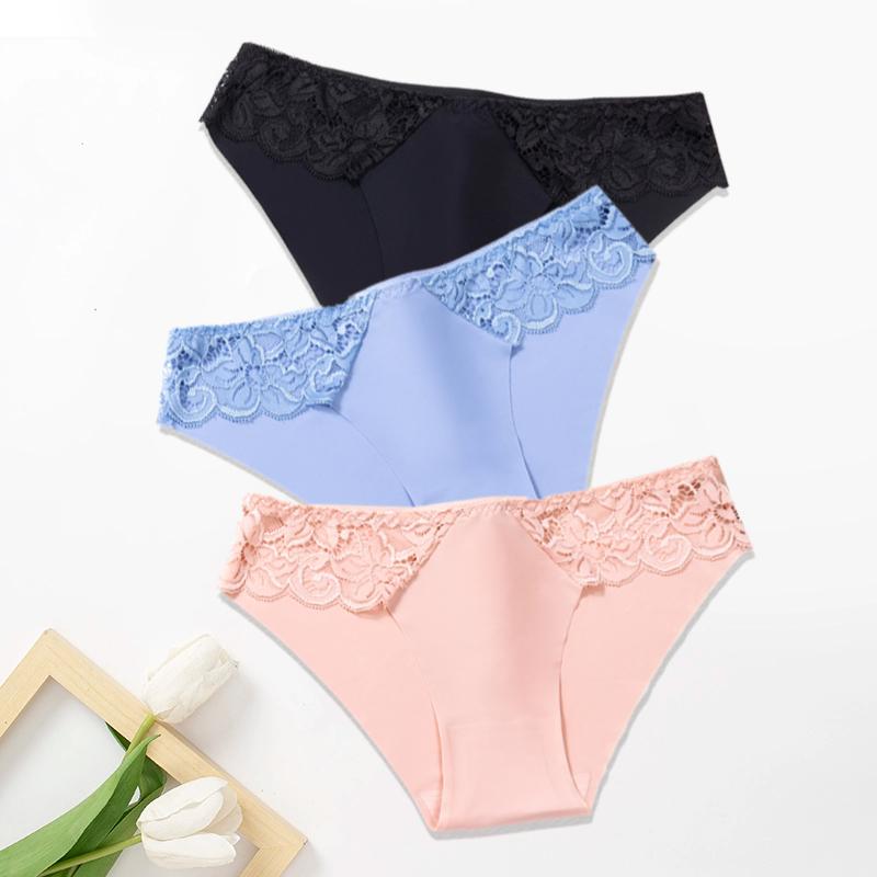 3Pcs/Set Lace Woman Panties Silk New Female Underwear for Woman Seamless Solid Lingerie Panties 3Pcs Free Shipping