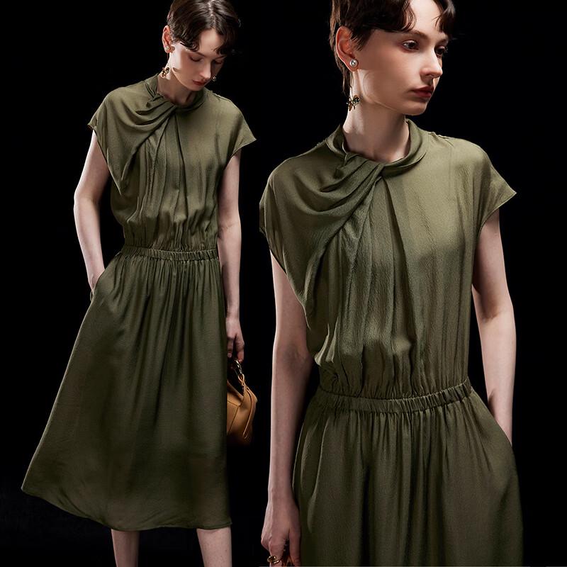 Elegant 100% Mulberry Silk Pleated Stand Collar Dress L
