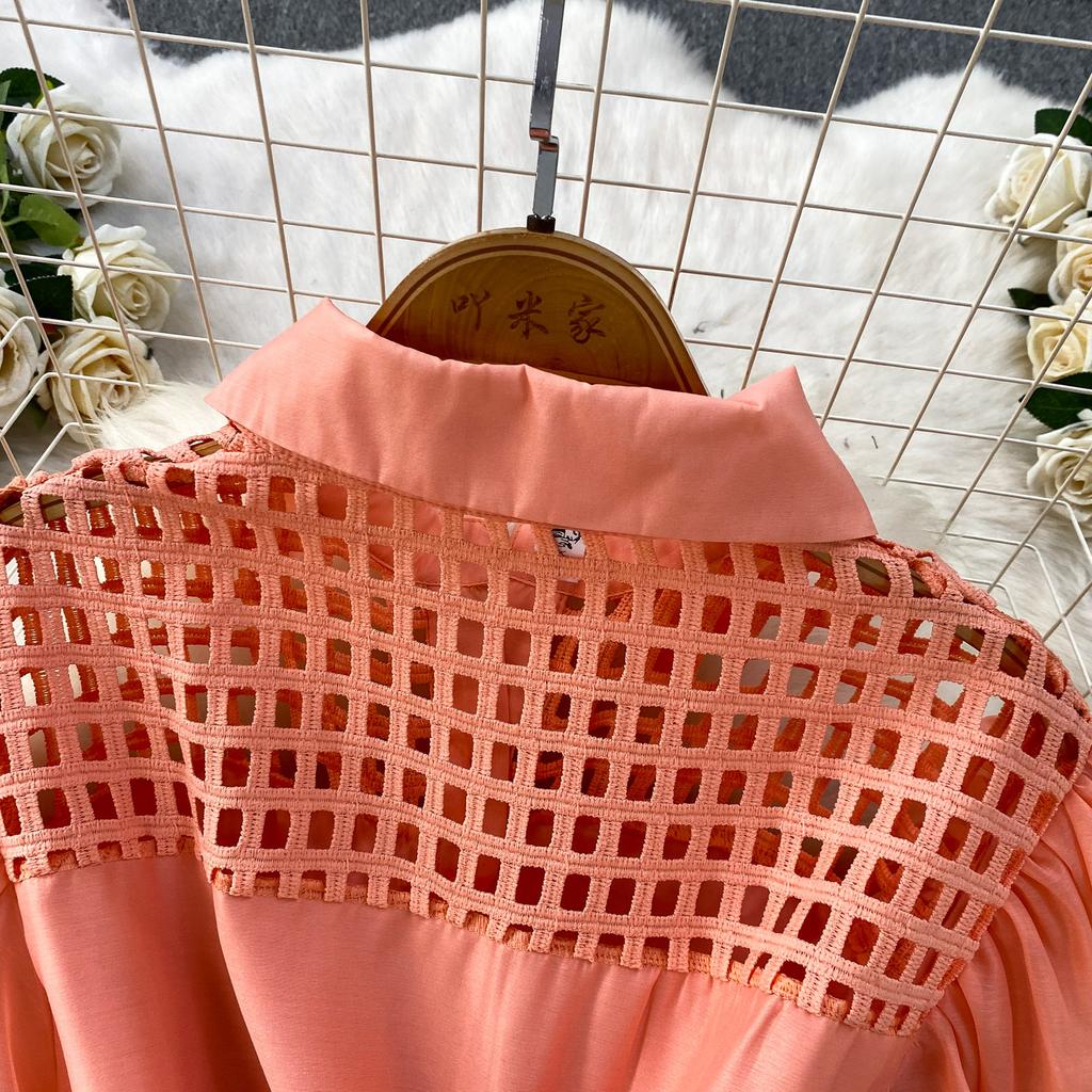 Summer Hollow Out Beaded Loose Chiffon Beach Dress Shirt Women's Puff Sleeve Lace Up Belt Holiday Party Long Robes Maxi Dress