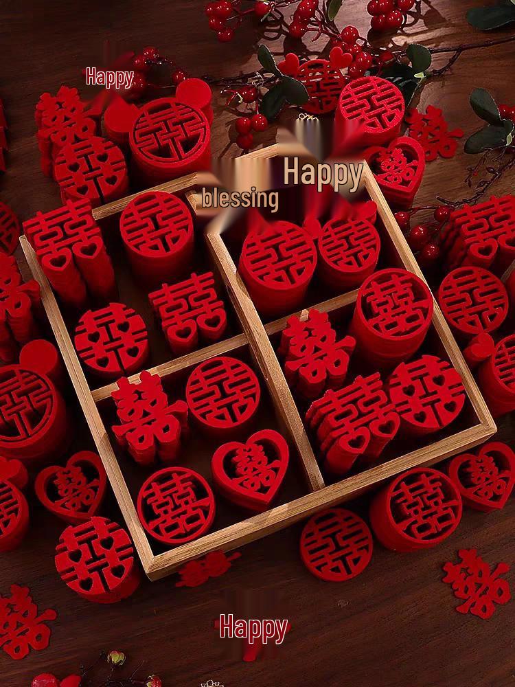 Set of Small Double Happiness Stickers for Wedding Decorations, Stairs, and Room Arrangement with Handkerchief Flowers