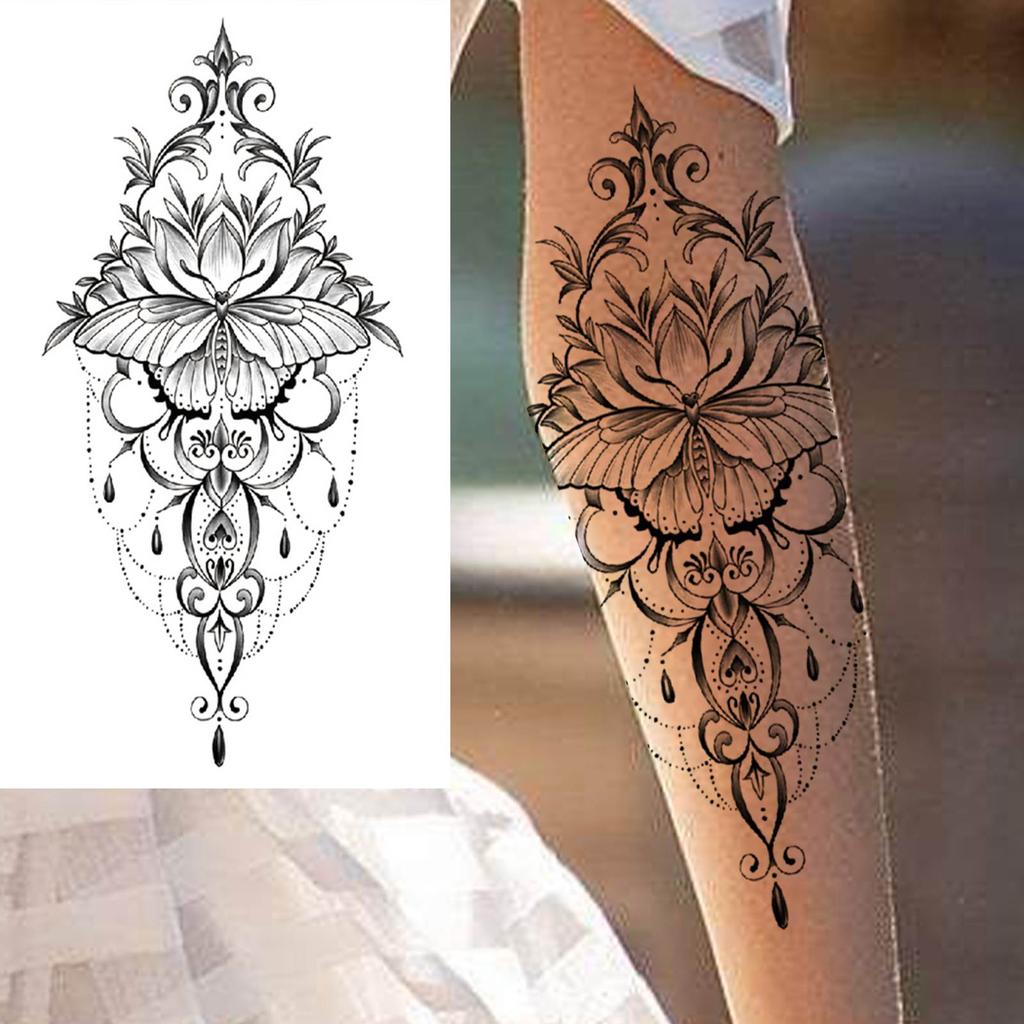 1 Sheet Black Henna Mandala Fake Jewels Temporary Sleeve Tattoos For Women Girls Forearm Waist Chest Back Tattoo Sticker Decal