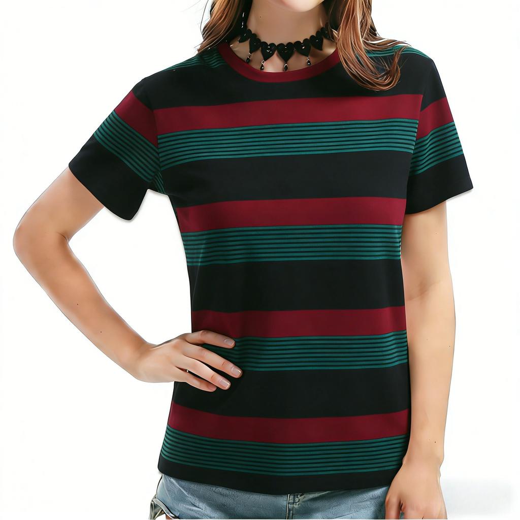 2026 New Model Chic Color Contrast Striped T-Shirt, Women's Fashionable Casual Summer Basic Topv