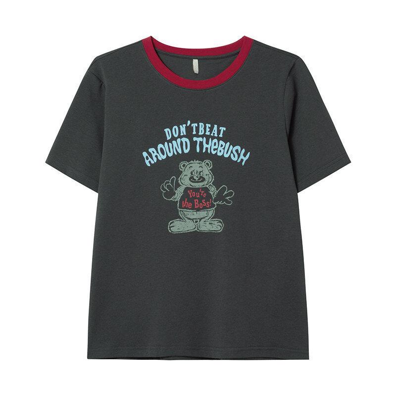 Women's Crew Neck Contrast Trim Short Sleeve Tee Loose Fit Cartoon Bear Graphic Print Cotton Casual Summer Streetwear Top