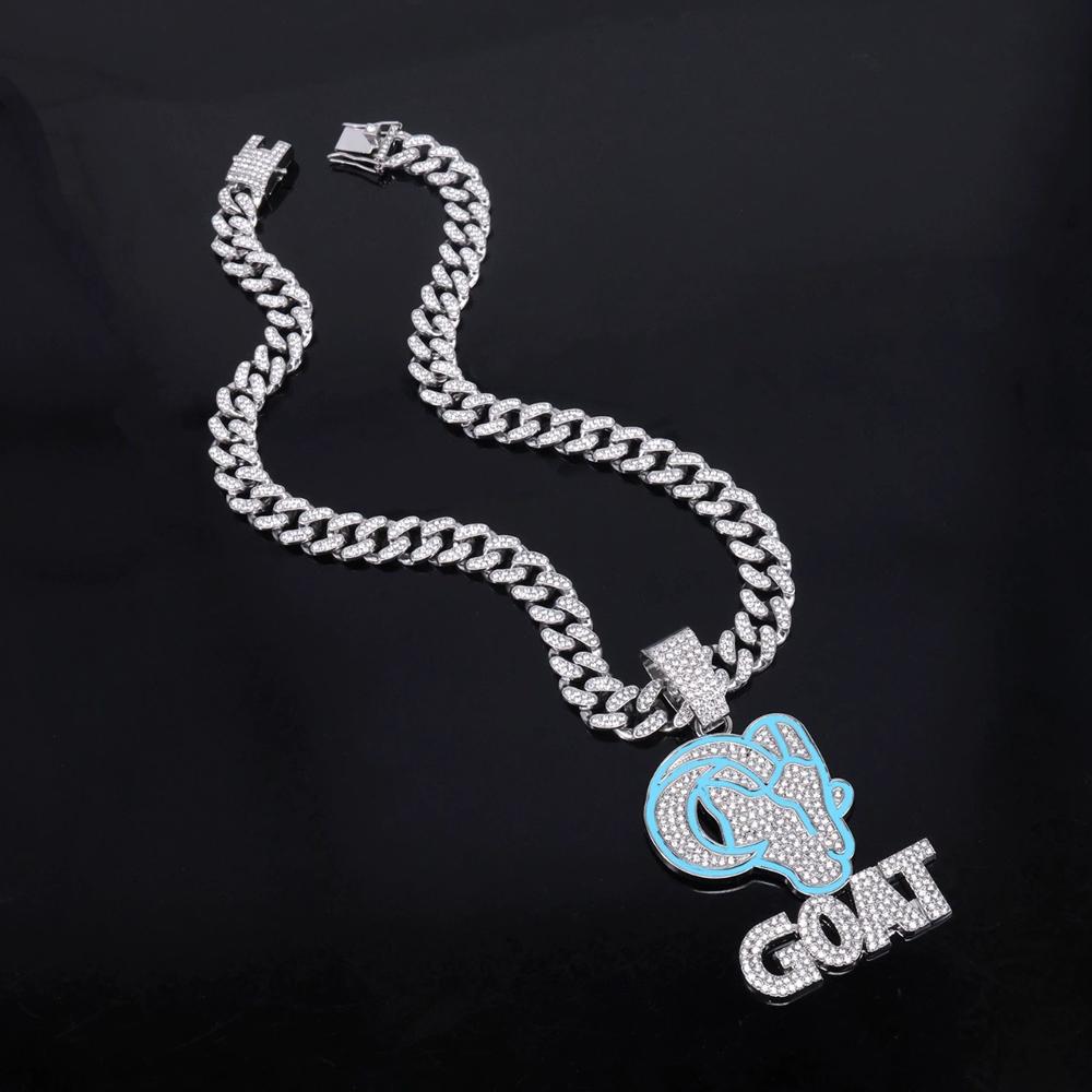 New Hip Hop Enamel Goat Letter Pendant Necklacewith 13mm Cuban Chain HipHop Iced Out Bling Animal Necklace for Men Charm Jewelry
