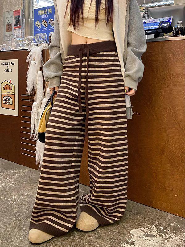 

Women s Striped Wide-Leg Knit Pants - Casual, Drapey, Slimming, Floor-Length for Autumn & Winter Small