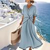 Women's Summer Casual Twist Waist Long Dress Cotton Linen Short Sleeve V Neck Boho Swing Dress Beach Vacation Flowy A-line Sundress