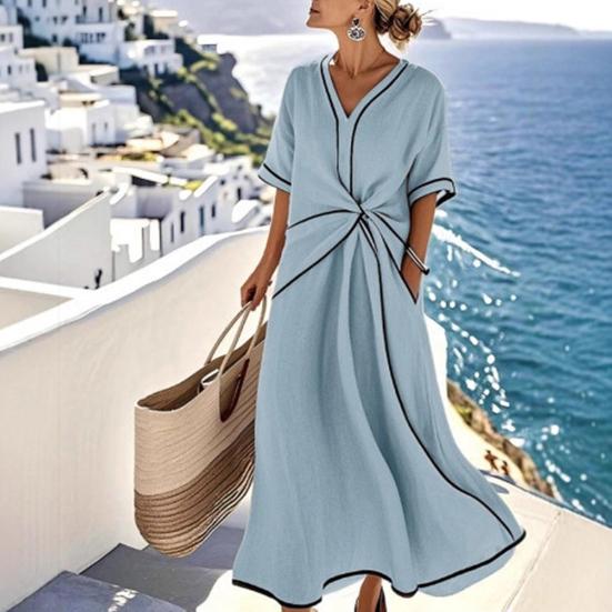 Women's Summer Casual Twist Waist Long Dress Cotton Linen Short Sleeve V Neck Boho Swing Dress Beach Vacation Flowy A-line Sundress