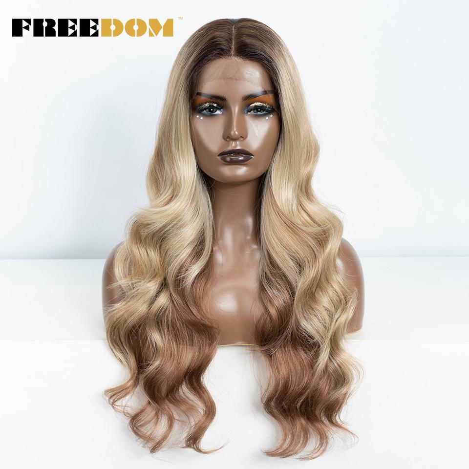 FREEDOM Synthetic Lace Front Wigs For Women 26 Inches Body Wave Wig Ombre Brown Blonde Lace Wig Synthetic Highlight Cosplay Wig