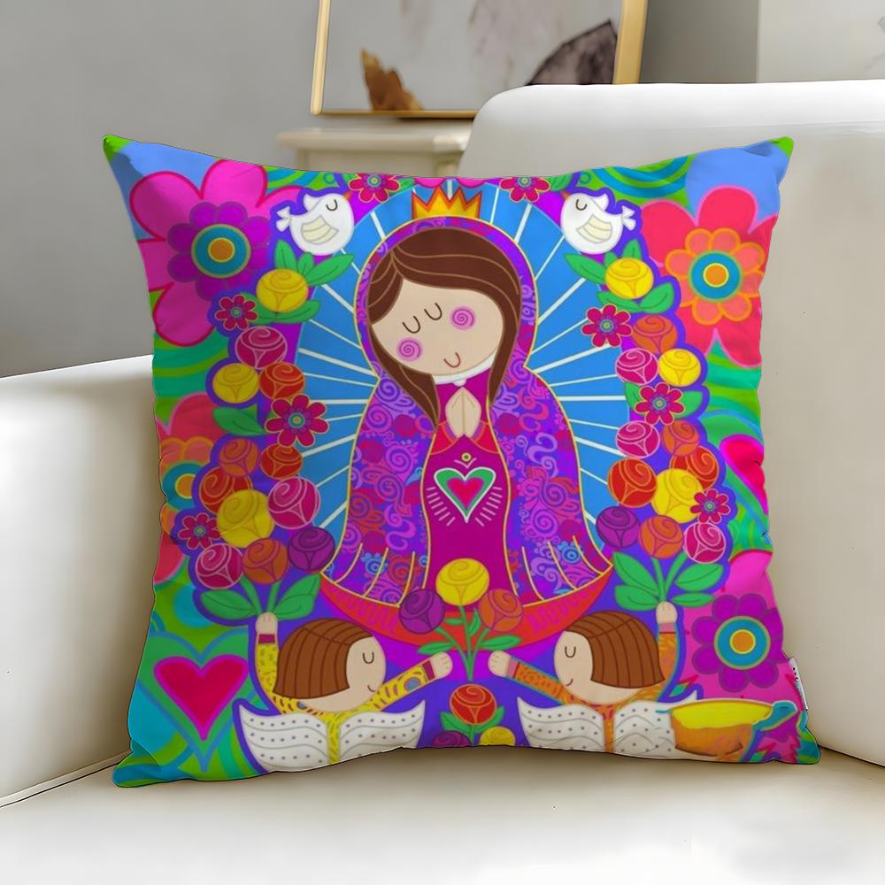 art theme Cartoon Virgin Mary Art Cushion Cover Soft & Easy-Wash Pillow Case – Versatile for Couch, Bed, Travel and Office