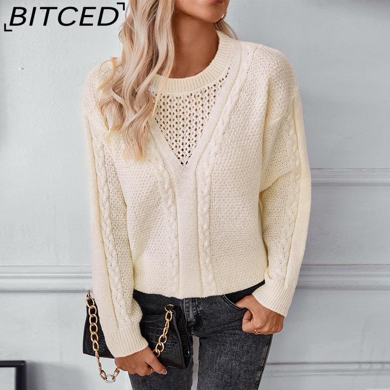 BITCED Solid Color Openwork Pullover Sweater for Women Autumn/Winter Vintage Twisted Knot Knitwear