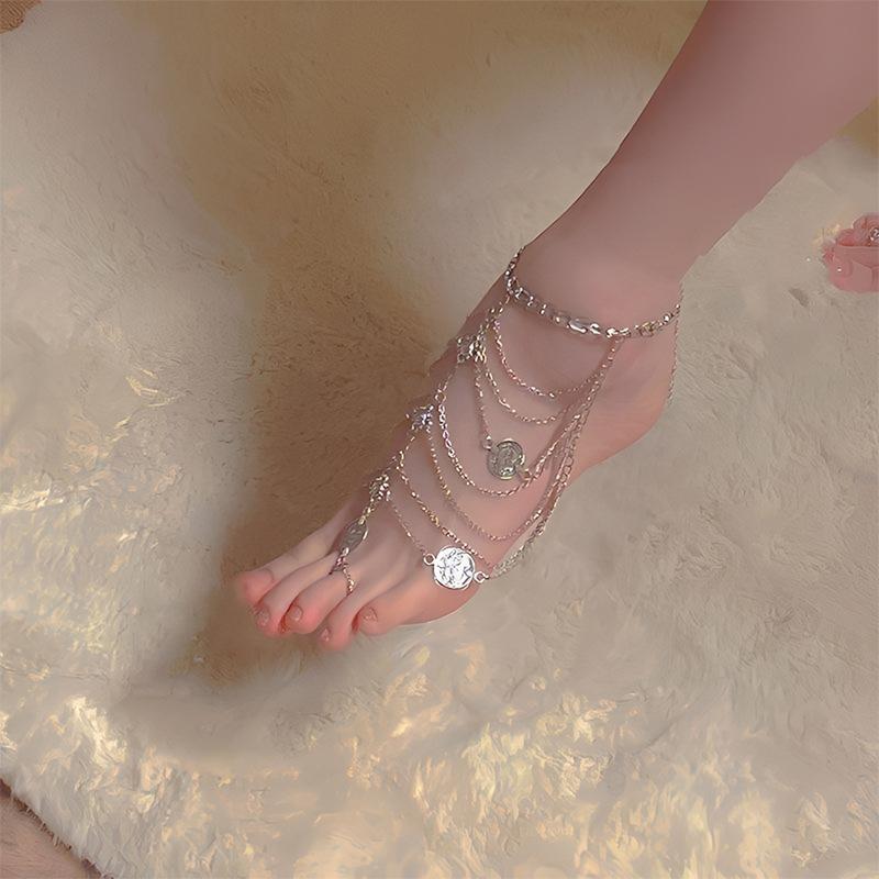 Multi-Layered Anklet With Tassels And Beads A Able High-Heeled Shoe Accessory