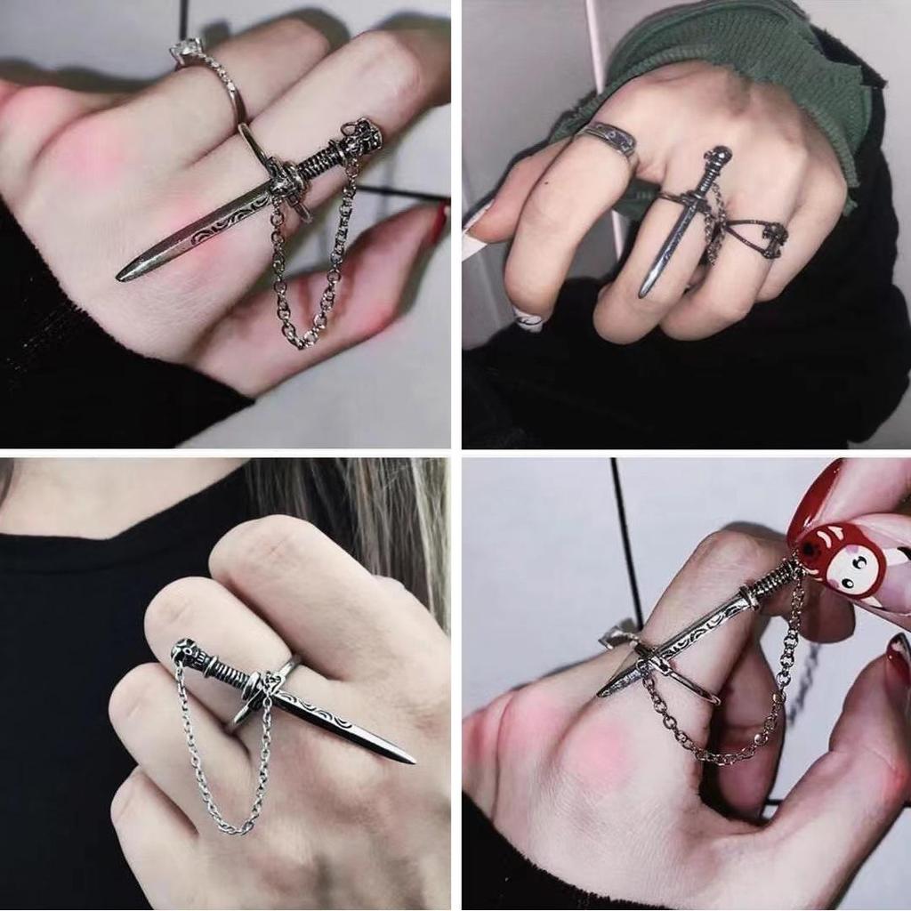 Gothic Cross Sword Ring for Women - European & American INS Style with Chain Tassel & Skull Design