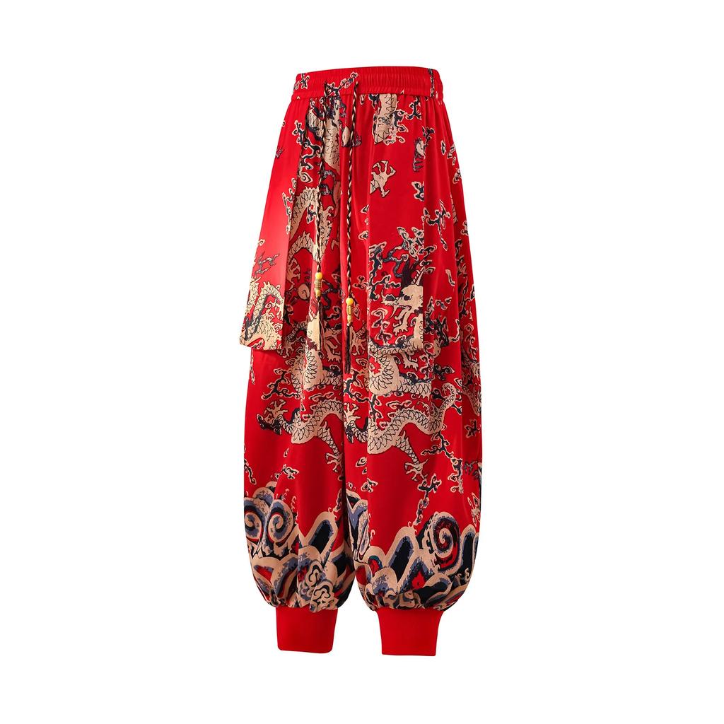 2026 Spring Summer Men's Casual Beach Pants Men Thin Wide Leg Lantern Pants Dragon Print Loose Fit Cotton Trousers