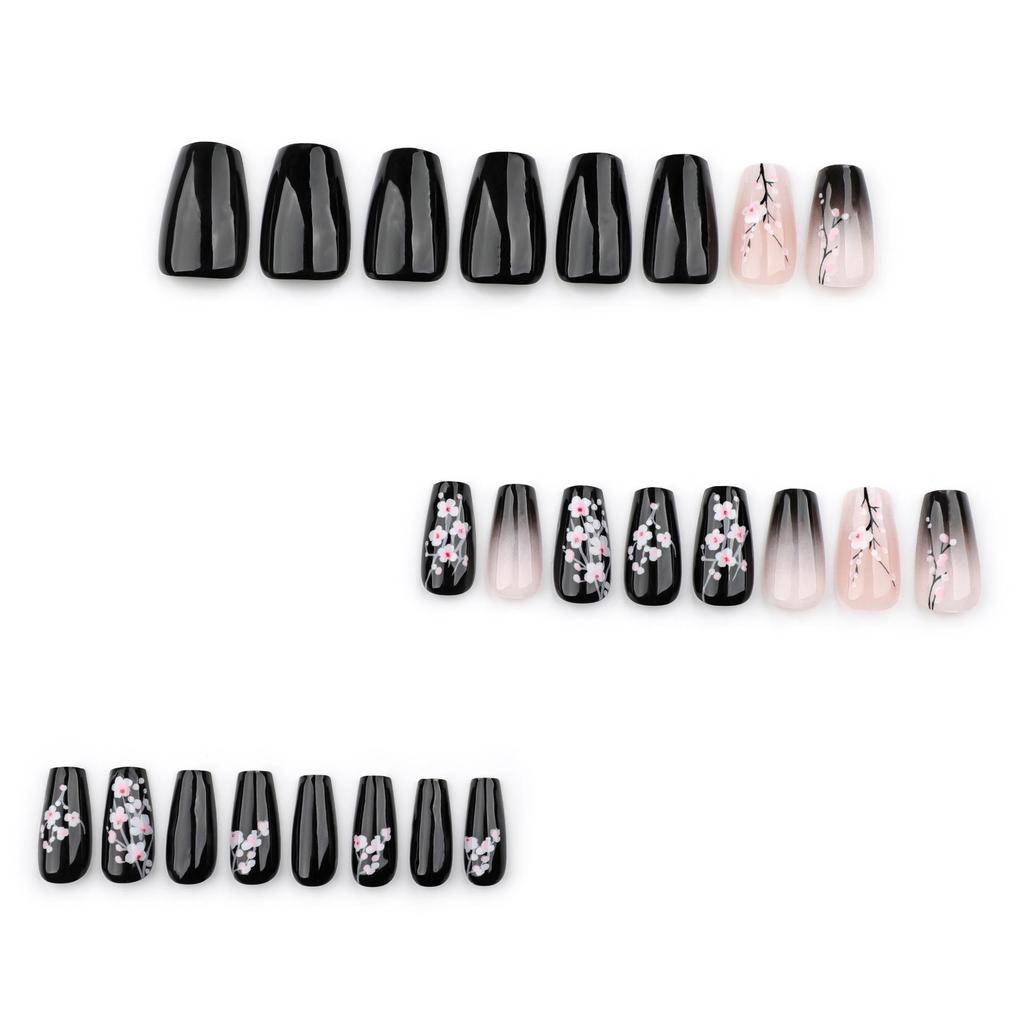 Black Gradient Plum Blossom Nail Pieces - Short Ballet, Detachable, New Chinese Style, Wearable