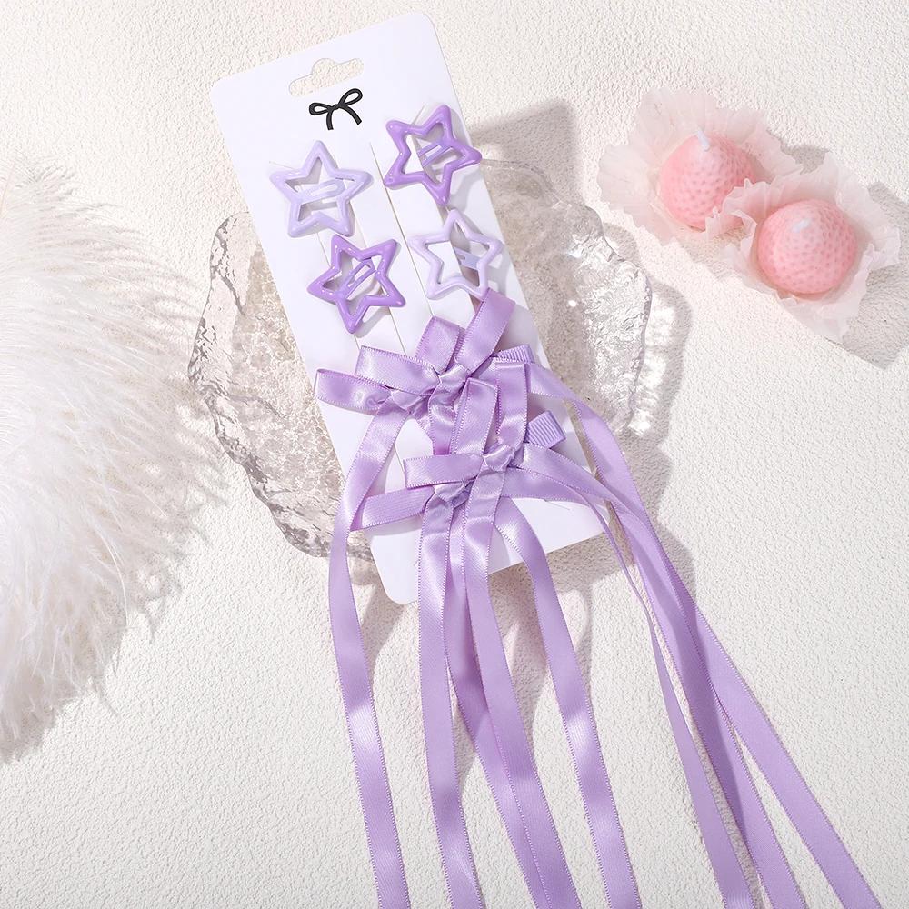 6pcs/set Y2k Star Snap Hair Clips with Long Ribbon Bowknot Barrettes for Women Girls Double Ponytail Headwear Hair Accessories