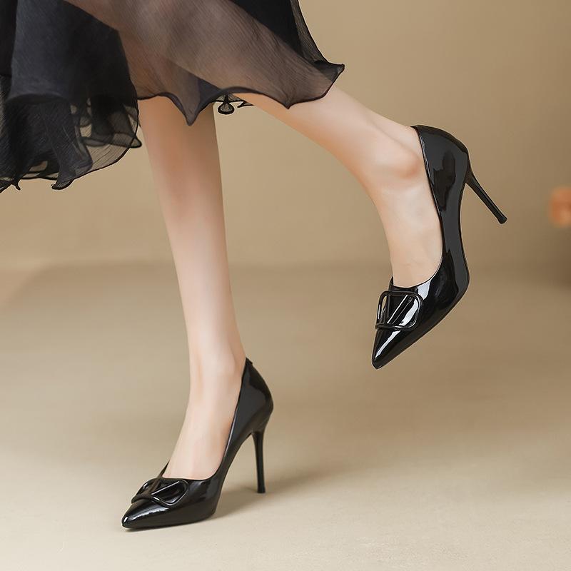 Nude High Heels Women's New V Home Buckle Pointed Head Thin Heel French Patent Leather Light Mouth Autumn Temperament Single Shoes Winter