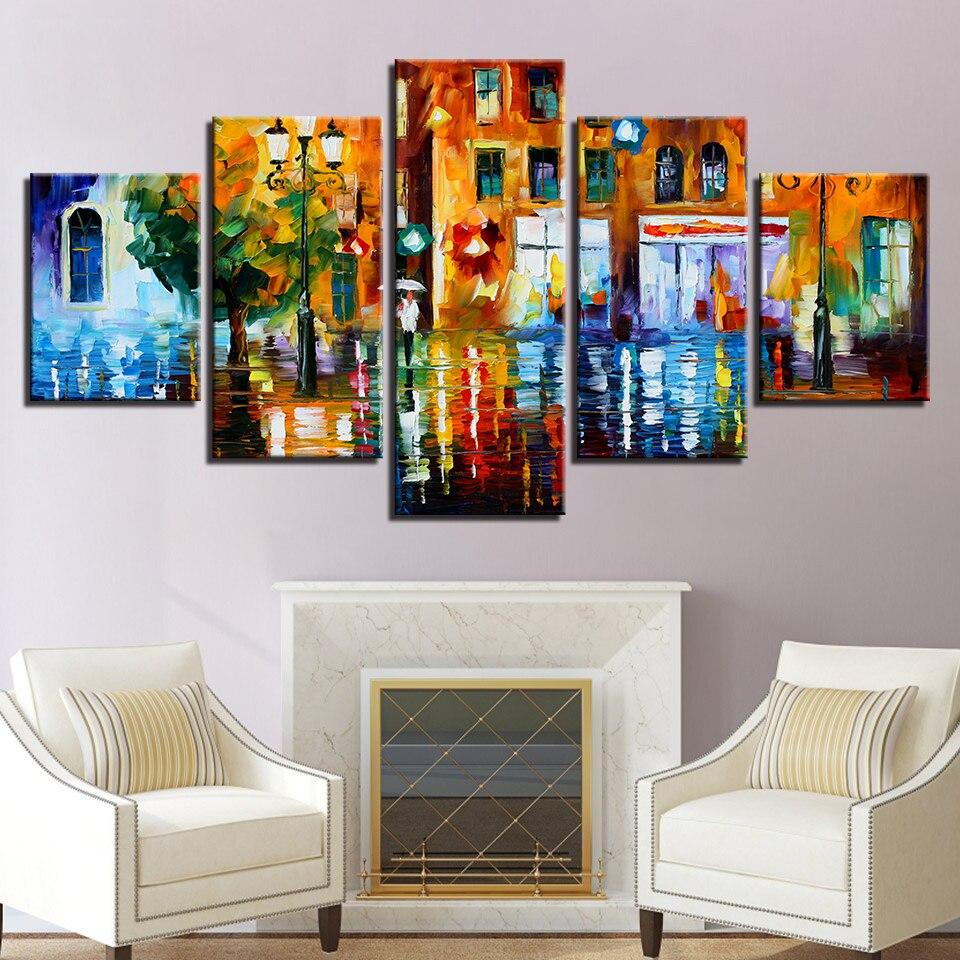 Abstract 5 Pieces Canvas Art Raining Street Scenery Artwork Posters For Living Room Modern Wall Picture Print Bedroom Home Decor