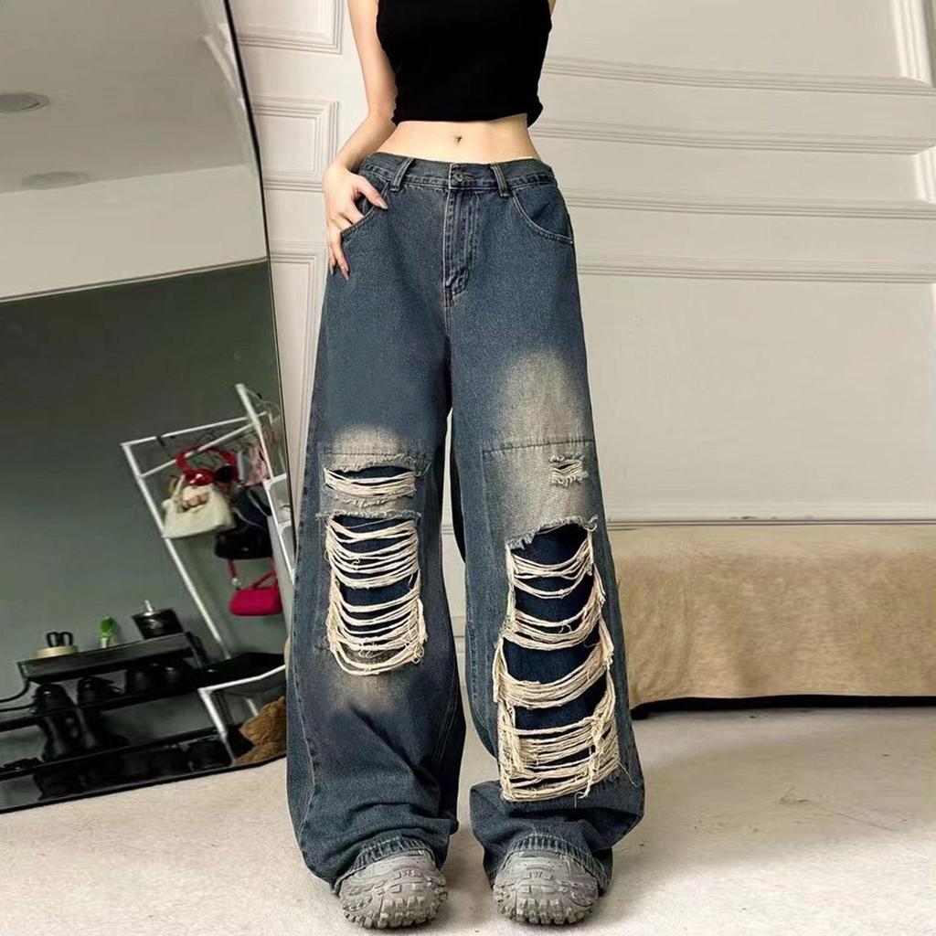 Women's Vintage Ripped Jeans Loose Straight Leg Wide-leg Mop Denim Pants