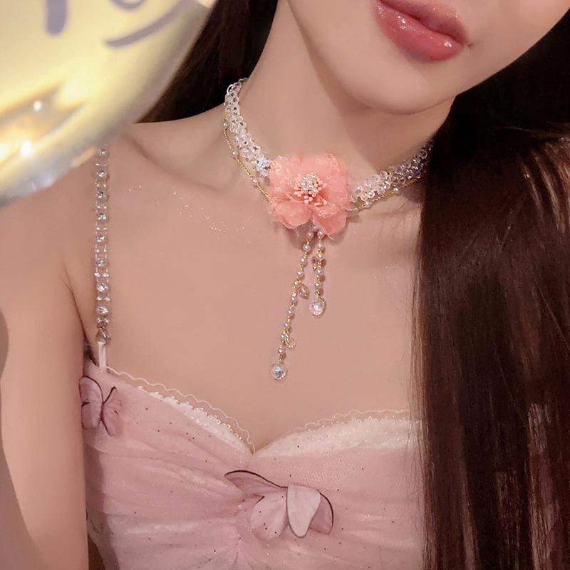 Dream Soft _ Pink Flower Necklace Women's New Pearl Clavicle Chain Premium Exaggerated Accessories