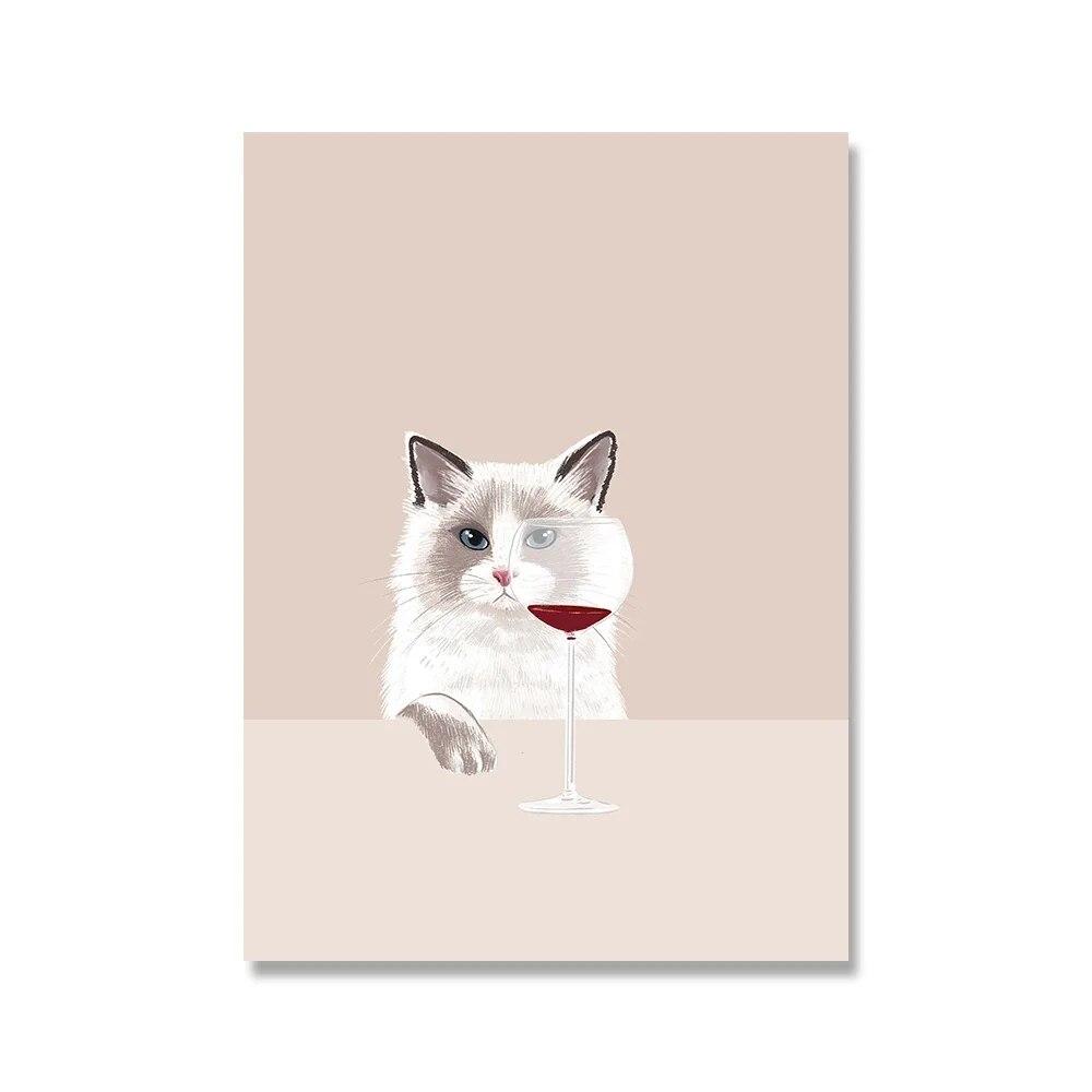 Funny Cat Poster White Cats Taste Red Wine Canvas Painting Cat Lover Gifts Kitchen Wall Art Pictures for Living Room Home Decor
