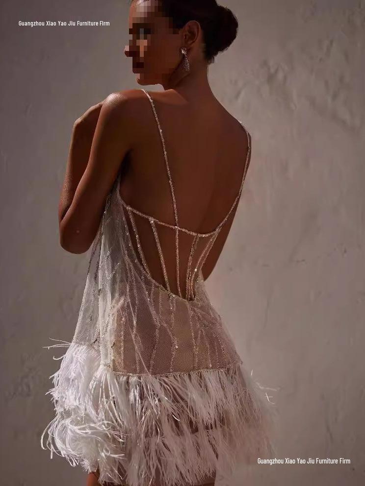 Rochie de Petrecere Sexy Europeană & Americană Fără Spate cu Plasă cu Paiete și Franjuri și Bretele Subțiri