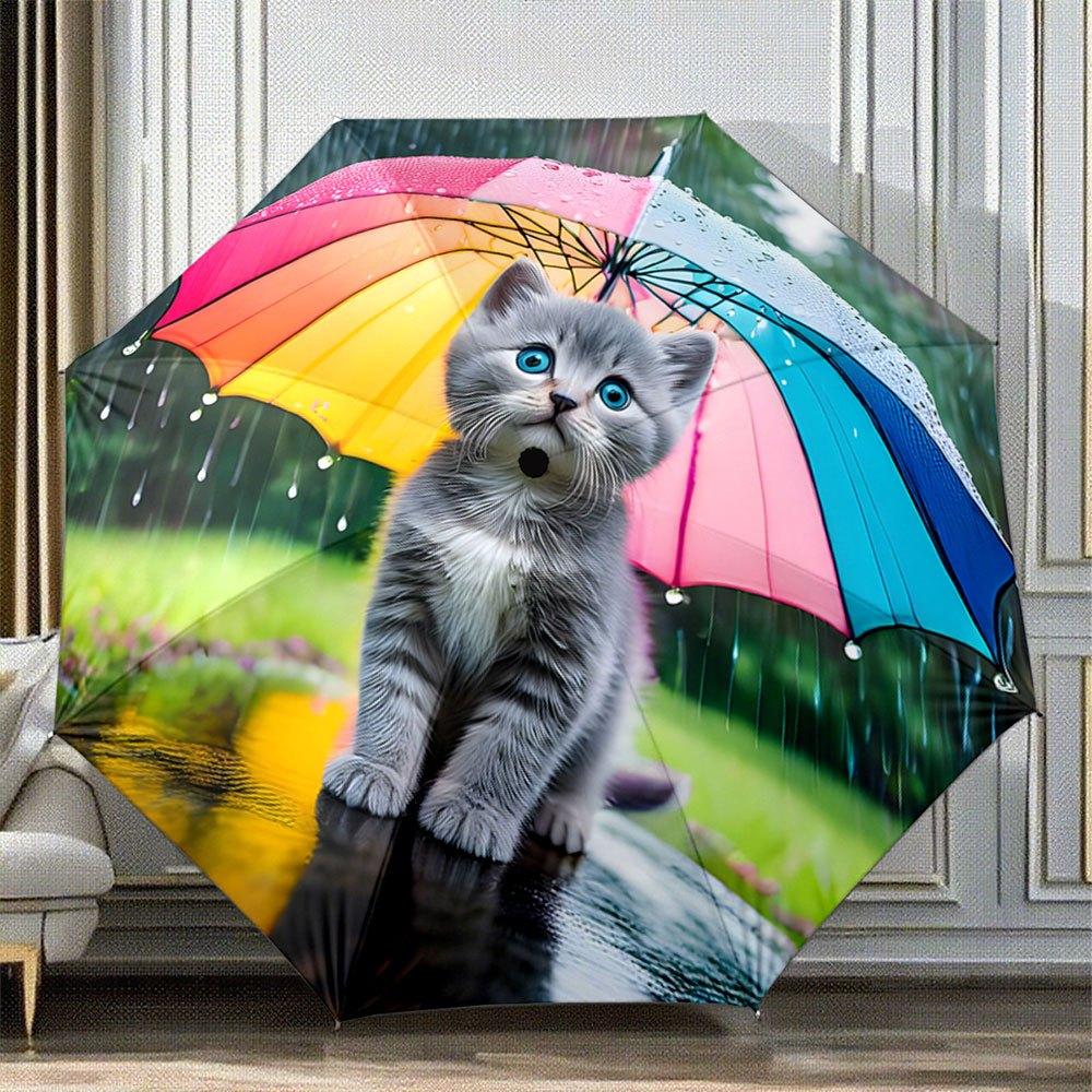 

Automatic Folding Umbrella with Cute Gray Kitten & Colorful Umbrella Design - Portable Collapsible 8-Rib Durable Canopy, Auto (as the picture,Iron&8K)