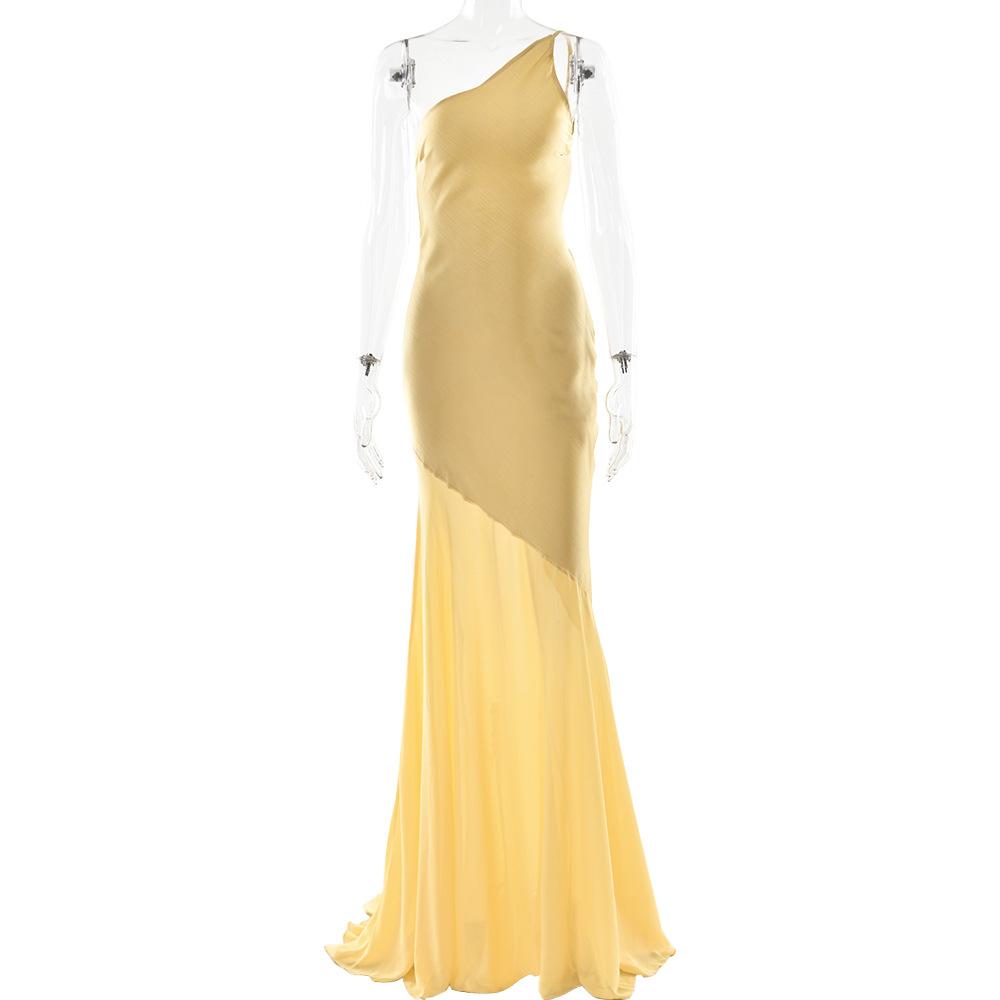 New Summer Slanted Shoulder Backless Slim Dress Sexy Solid Color Mesh Splicing Fishtail Skirt S жёлтый