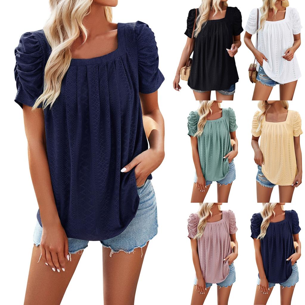 Ladies' Casual Solid Color Pleated Square Neck Hollow Short Sleeved Shirt Top
