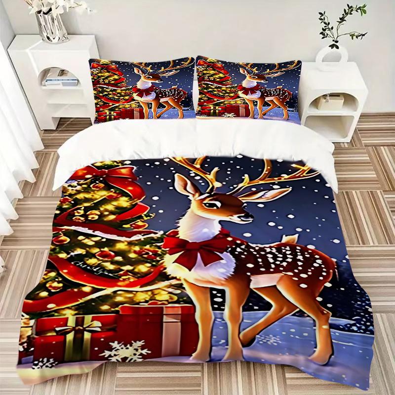 3pcs Christmas Deer Bedding Set with Red Bow - Festive Decor for Bedroom and Guest Room - Includes One Quilt Cover and Two Pillowcases (No Core) - Ani