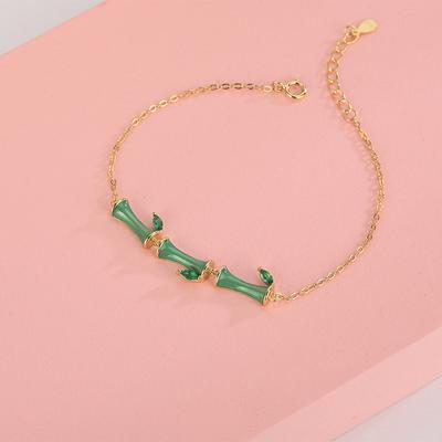 S925 Sterling Silver Korean Style Epoxy Bamboo Bracelet Set with Diamonds Green Zirconia Bamboo Leaf Bracelet