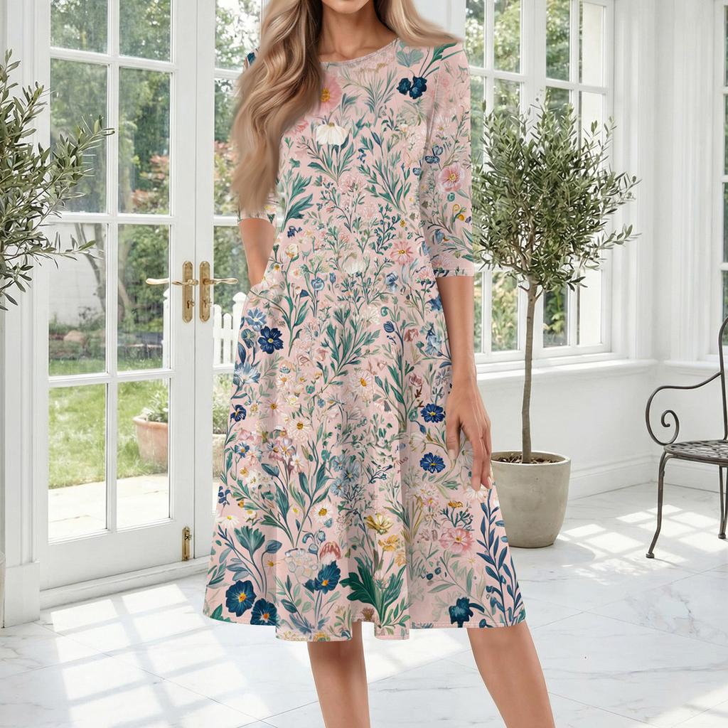 Women's Casual Fashion Round Neck Three Quarter Sleeve Printed Midi Dress