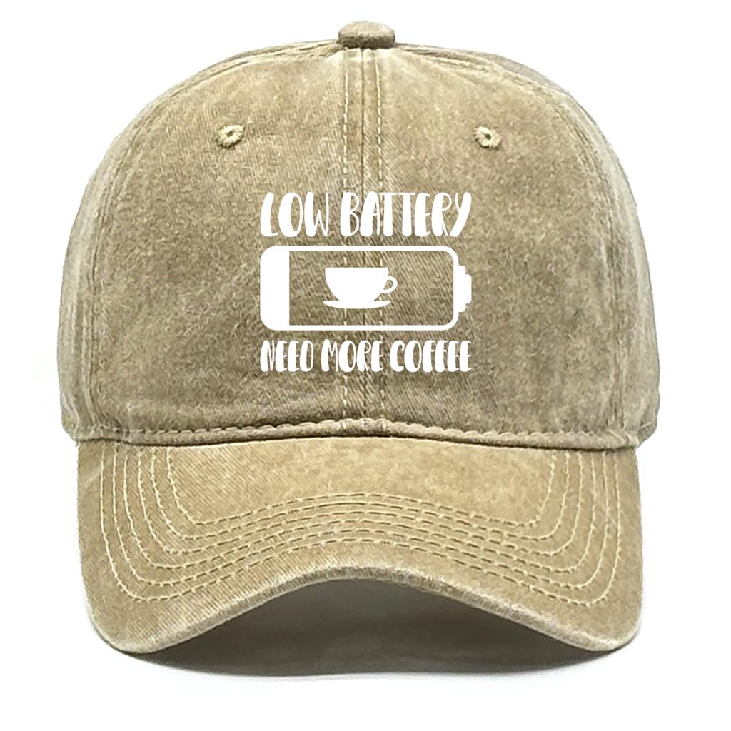 "Low Battery Need More Coffee" Print Adjustable Baseball Hat Washed Cotton Cap For Man Distressed Solid Snapback Baseball Cap