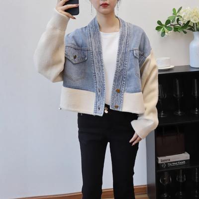 Cardigan in maglia di denim a trama corta, double-face, autunno e inverno, nuovo, con temperamento casual, giacca maglione da donna