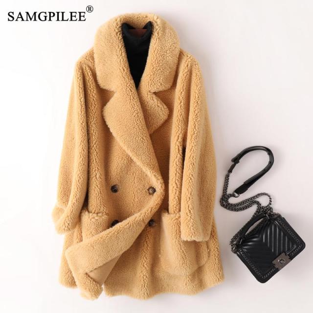 Skutečný kožich Vysoce kvalitní australské dámské vlněné kabáty Silný teplý Elegantní volný dlouhý zimní kabát pro ženy