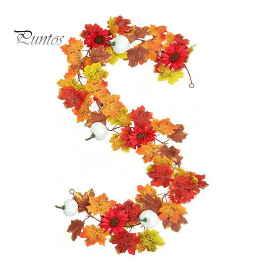 Holiday Gifts for Family Artificial Fall Maple Leaf Wreath, Autumn Vine with Pine Cones Pumpkins, Reusable Realistic Orange Red Leaves Hanging